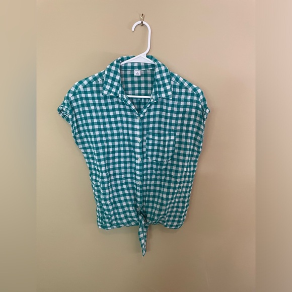 OLD NAVY women’s green gingham checkered shirt, button up with tie, sz S - Picture 1 of 4